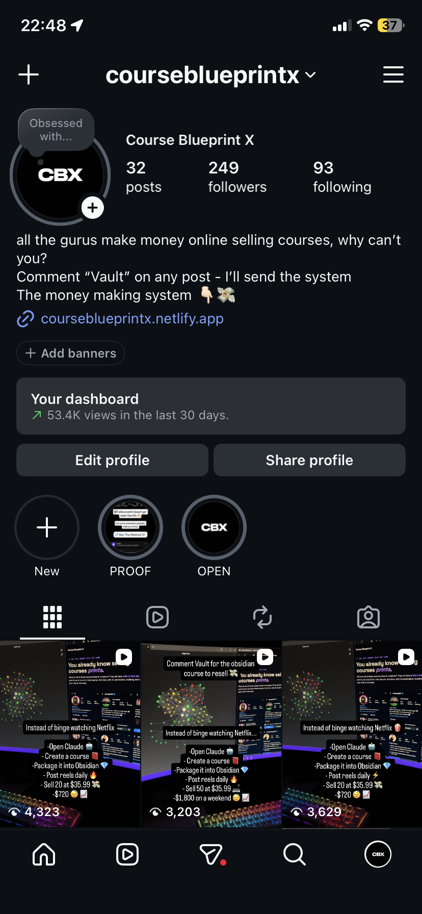 Course Blueprint X Instagram profile showing 249 followers, 32 posts, and 53.4K views in the last 30 days