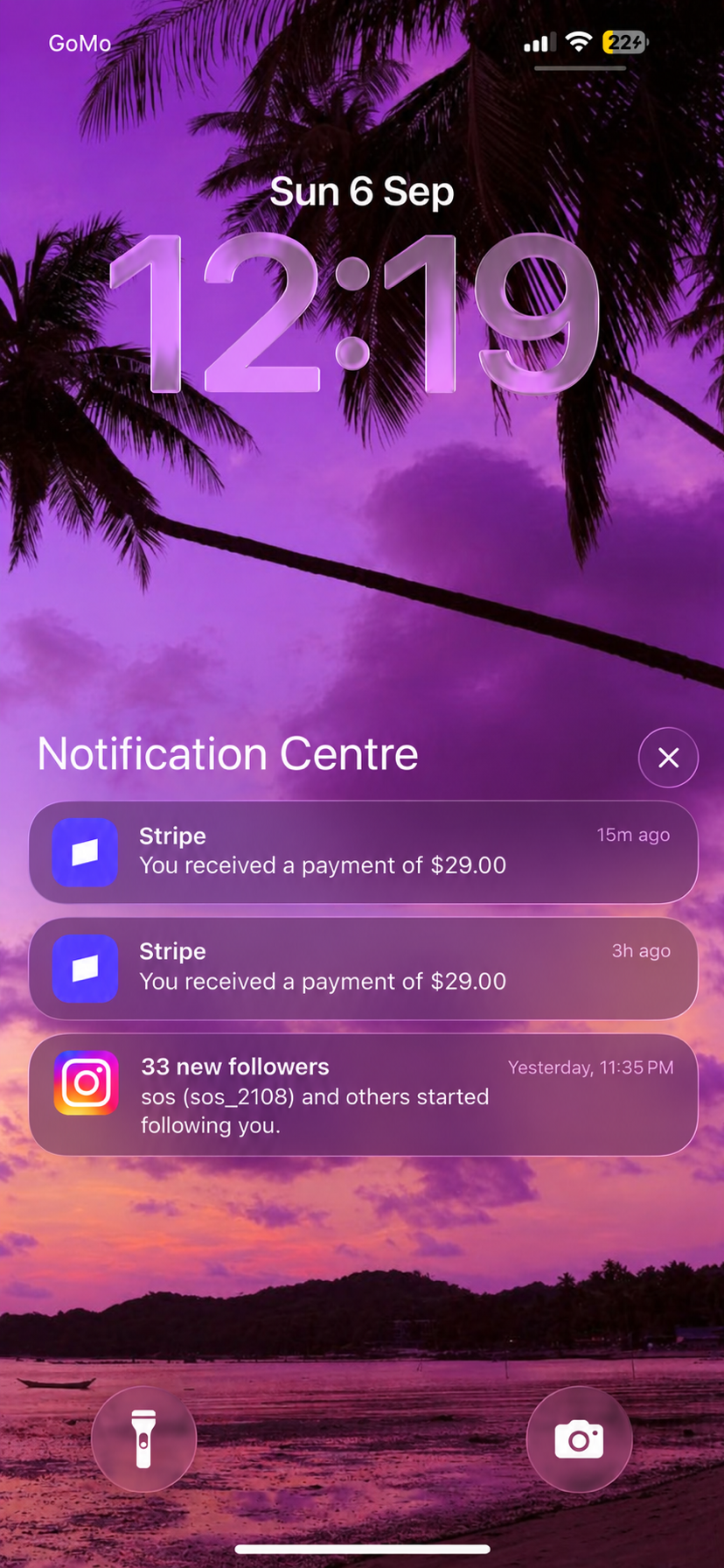 iPhone notification centre showing two more $29.00 Stripe payments and 33 new Instagram followers overnight